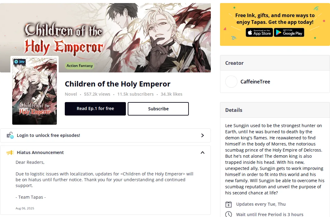 Tapas series page for Children of the Holy Emperor with the Hiatus Announcement open, citing localization issues, dated August 6, 2025