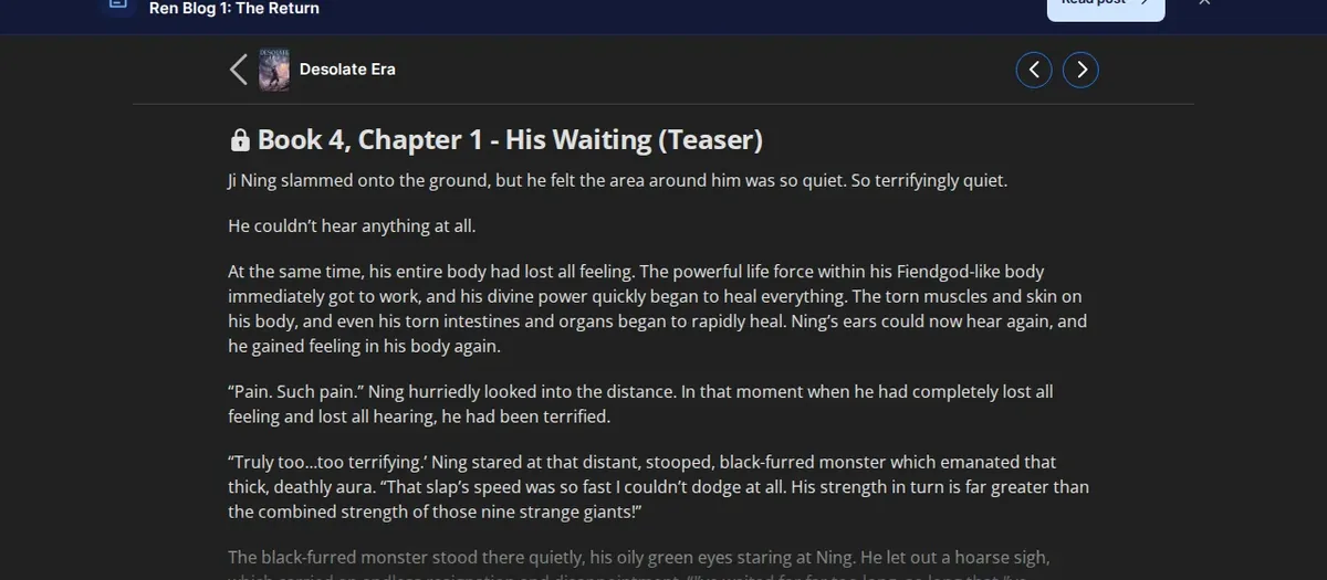 Desolate Era Book 4, Chapter 1, His Waiting, marked Teaser and locked on Wuxiaworld