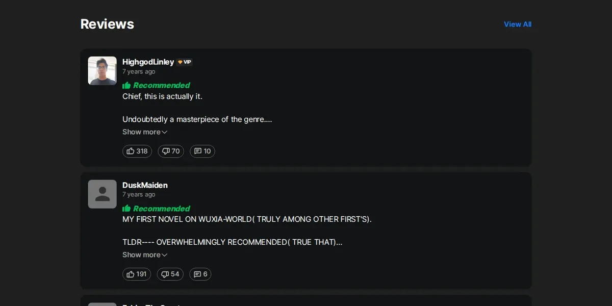 Wuxiaworld reader reviews of Desolate Era: HighgodLinley (VIP) and DuskMaiden, both marked Recommended, seven years old