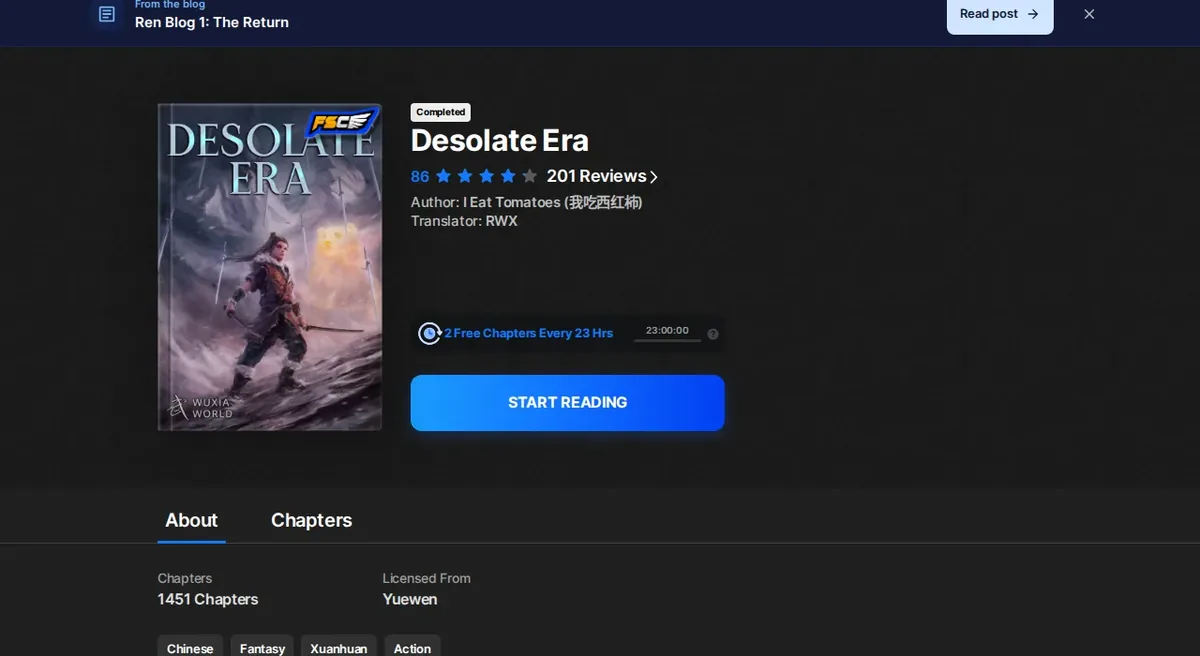 Wuxiaworld listing for Desolate Era showing the Completed badge, a score of 86 from 201 reviews, author I Eat Tomatoes and translator RWX, and the 2 free chapters every 23 hours timer