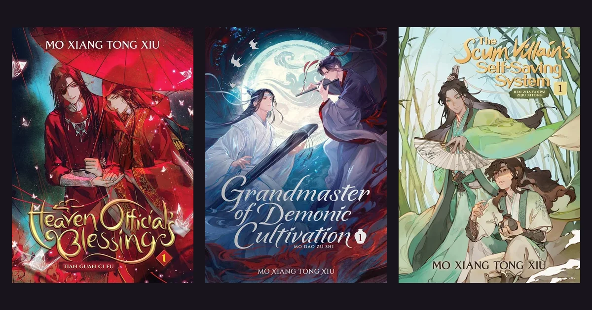 Seven Seas volume one covers of Heaven Official's Blessing, Grandmaster of Demonic Cultivation and Scum Villain's Self-Saving System side by side