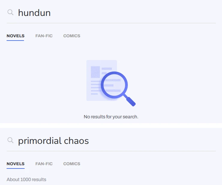 Two Webnovel searches: "hundun" returns no results, while "primordial chaos" returns about 1000 results