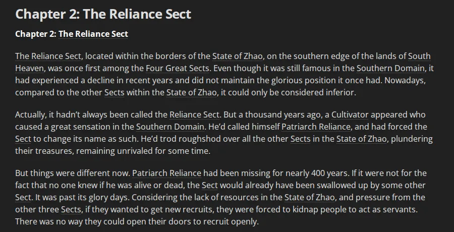 Opening of I Shall Seal the Heavens Chapter 2, The Reliance Sect, on Wuxiaworld, explaining the sect's decline and why it kidnaps servants