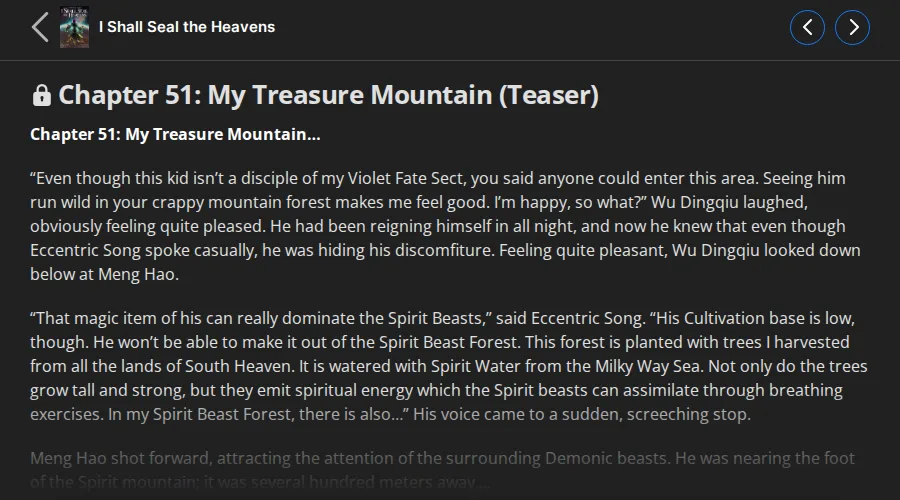 Chapter 51, My Treasure Mountain, marked Teaser and locked on Wuxiaworld