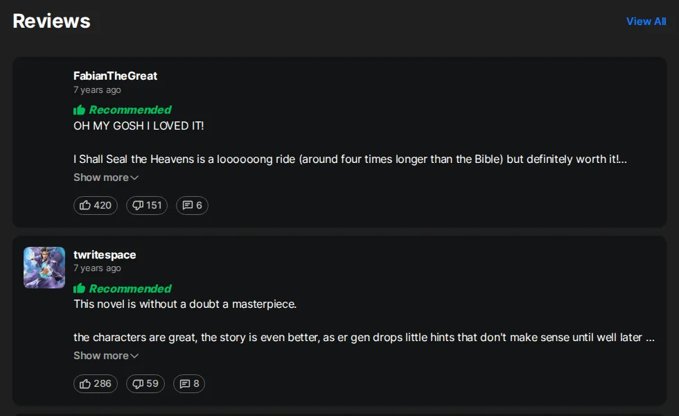 Wuxiaworld reader reviews of I Shall Seal the Heavens: FabianTheGreat and twritespace, both Recommended, seven years old