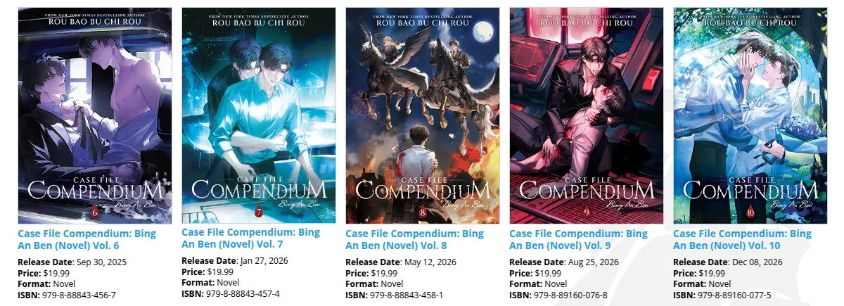 Seven Seas listing for Case File Compendium volumes six to ten, each cover with its release date, price and ISBN