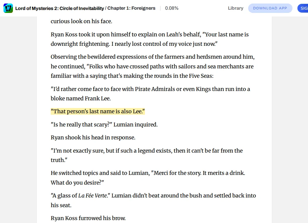 Chapter 1 of Circle of Inevitability on Webnovel, with Ryan Koss telling Lumian that a feared man called Frank Lee shares his surname, the line highlighted