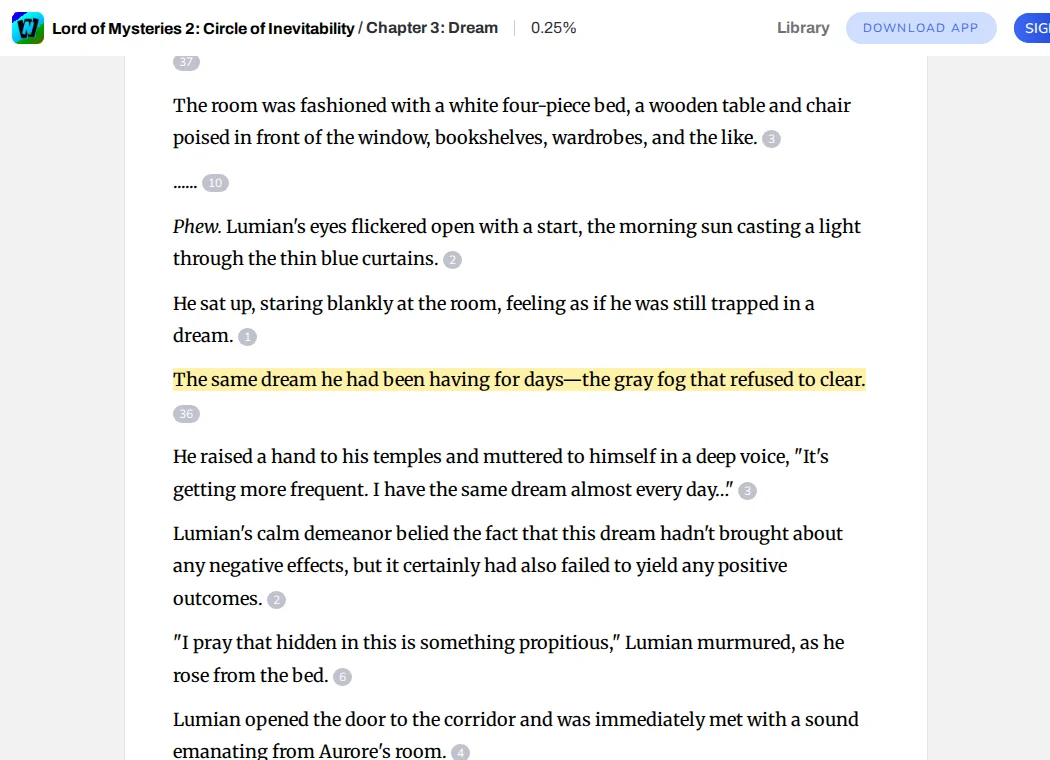 Chapter 3 of Circle of Inevitability on Webnovel, with the line about the gray fog dream Lumian has been having for days highlighted