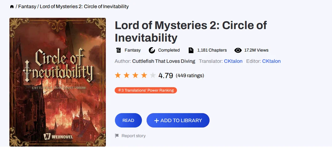 Webnovel book page for Lord of Mysteries 2: Circle of Inevitability, showing the cover, Completed status, chapter count, author Cuttlefish That Loves Diving, translator CKtalon and the reader rating
