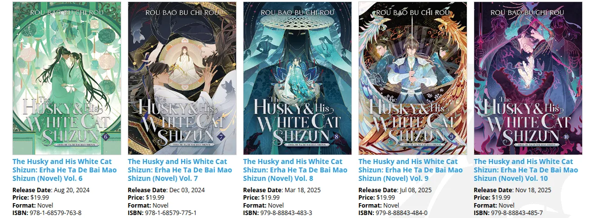 Seven Seas listing for The Husky and His White Cat Shizun volumes six to ten, each cover with its release date, price and ISBN