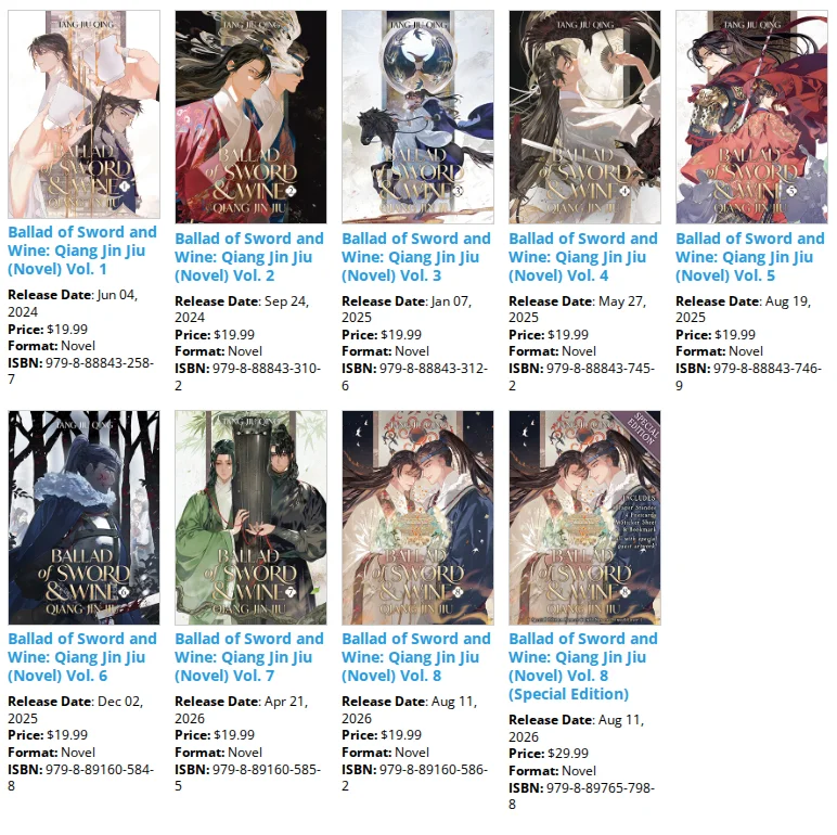 Seven Seas listing for Ballad of Sword and Wine volumes one to eight and the volume eight special edition, each with release date, price and ISBN