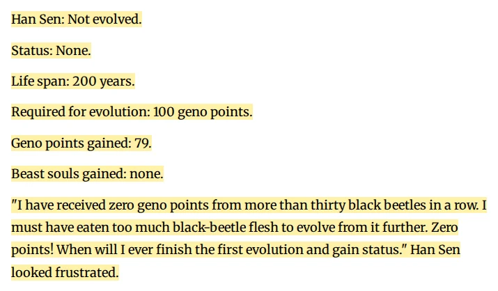 Super Gene chapter 1 on Webnovel, highlighted status panel showing Han Sen not evolved, a 200-year lifespan, 79 geno points and no beast souls