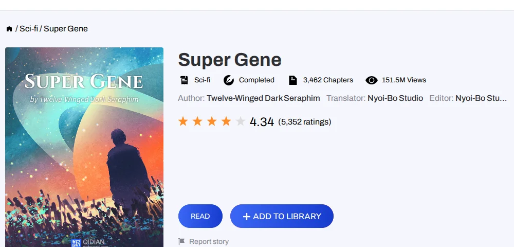 Webnovel page for Super Gene showing the cover, the Sci-fi tag, the Completed badge, the chapter count, views and reader rating