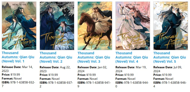 Seven Seas listing for Thousand Autumns volumes one to five, each cover with its release date, price and ISBN