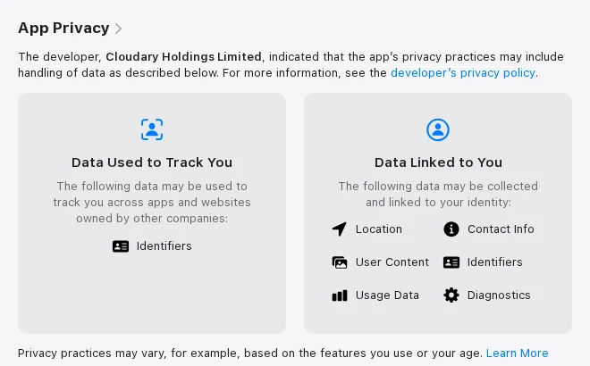 Apple App Store privacy label for WebNovel: Identifiers used to track you; Location, Contact Info, User Content, Identifiers, Usage Data and Diagnostics linked to you