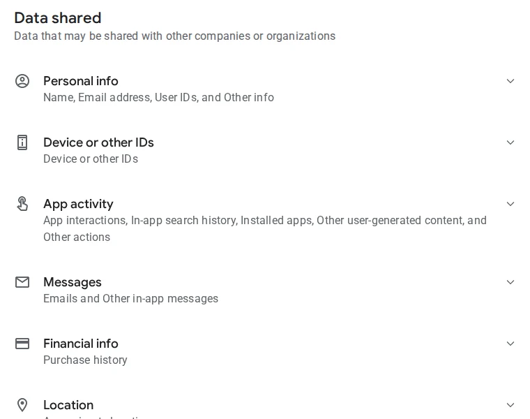Google Play data safety page for WebNovel listing data shared with other companies: personal info, device IDs, app activity, messages, financial info and location