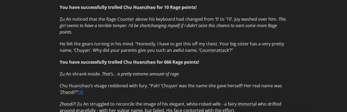 Keyboard Immortal Chapter 5 on Wuxiaworld: Zu An mocks Chu Huanzhao's name and earns 666 Rage points