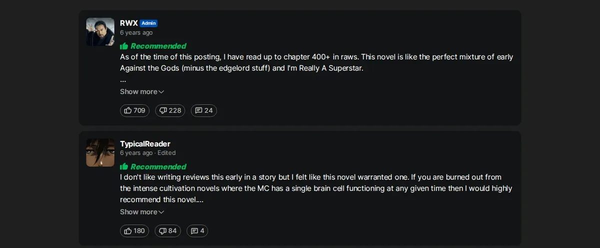 Wuxiaworld reader reviews of Keyboard Immortal: RWX and TypicalReader, both Recommended, six years old
