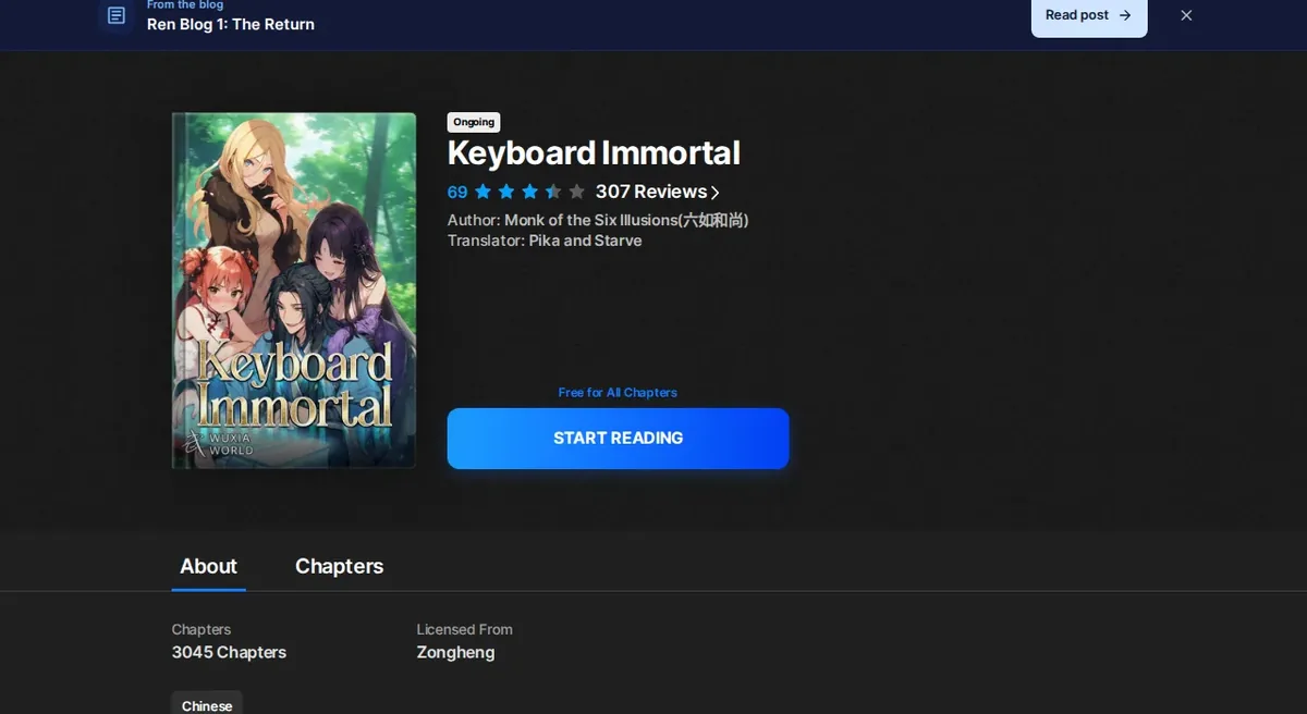 Wuxiaworld listing for Keyboard Immortal showing the Ongoing badge, a score of 69 from 307 reviews, author Monk of the Six Illusions and translators Pika and Starve, and the Free for All Chapters label