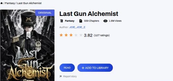 Live Webnovel catalog panel for Last Gun Alchemist showing the current chapter count, views, and rating