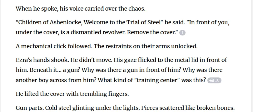 Chapter 1 of Last Gun Alchemist on Webnovel: the instructor welcomes the children to the Trial of Steel and orders them to remove the cover over a dismantled revolver