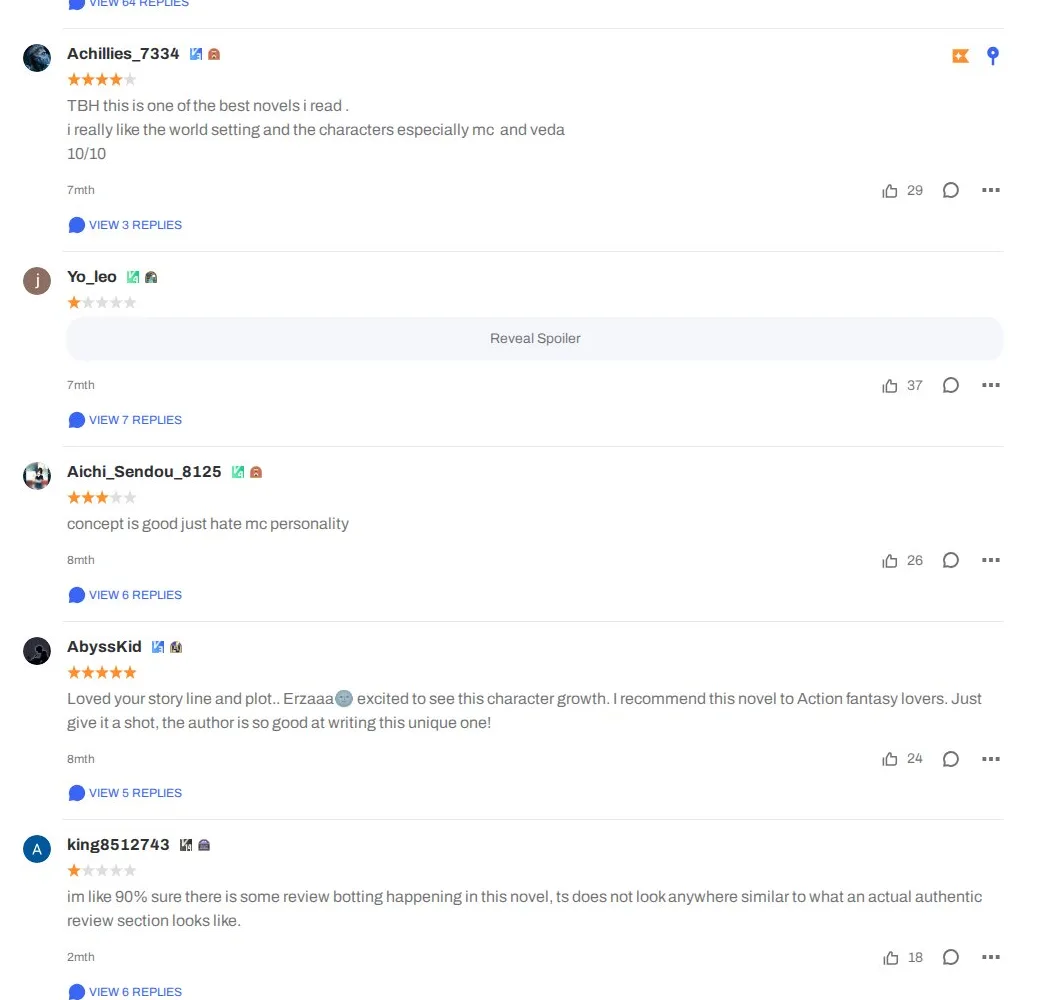 Webnovel reader reviews for Last Gun Alchemist, ranging from a four-star and five-star rave to one-star complaints