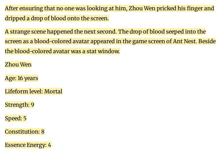 Let Me Game in Peace chapter 1 on Webnovel, highlighted passage where Zhou Wen drips blood on his phone and a stat window appears showing Strength 9, Speed 5, Constitution 8 and Essence Energy 4