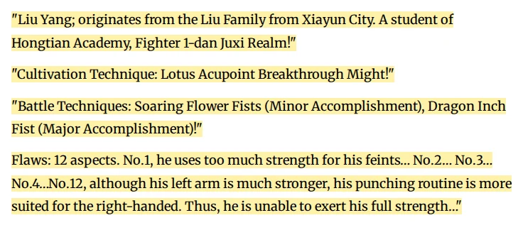Library of Heaven's Path chapter 3 on Webnovel, highlighted passage where the library lists Liu Yang's cultivation technique, fist skills and twelve flaws