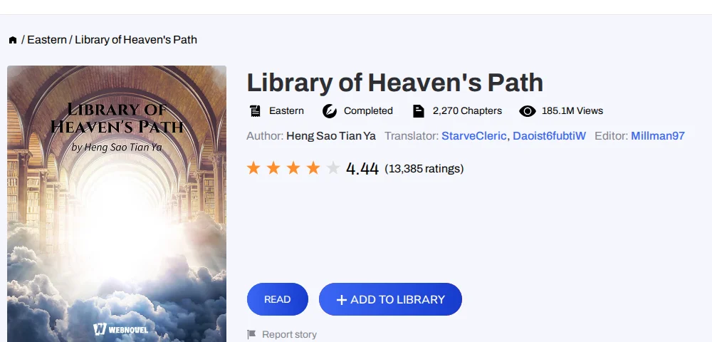 Webnovel page for Library of Heaven's Path showing the cover, the Completed badge, the chapter count, views, translators and reader rating