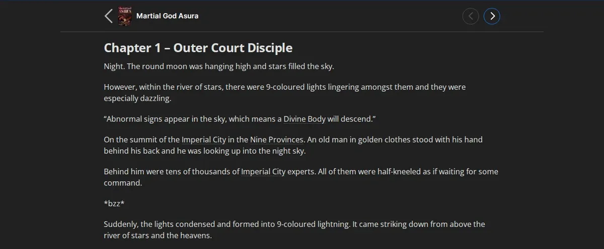Opening of Martial God Asura Chapter 1, Outer Court Disciple, on Wuxiaworld: nine-coloured lights in the night sky and the line about a Divine Body descending