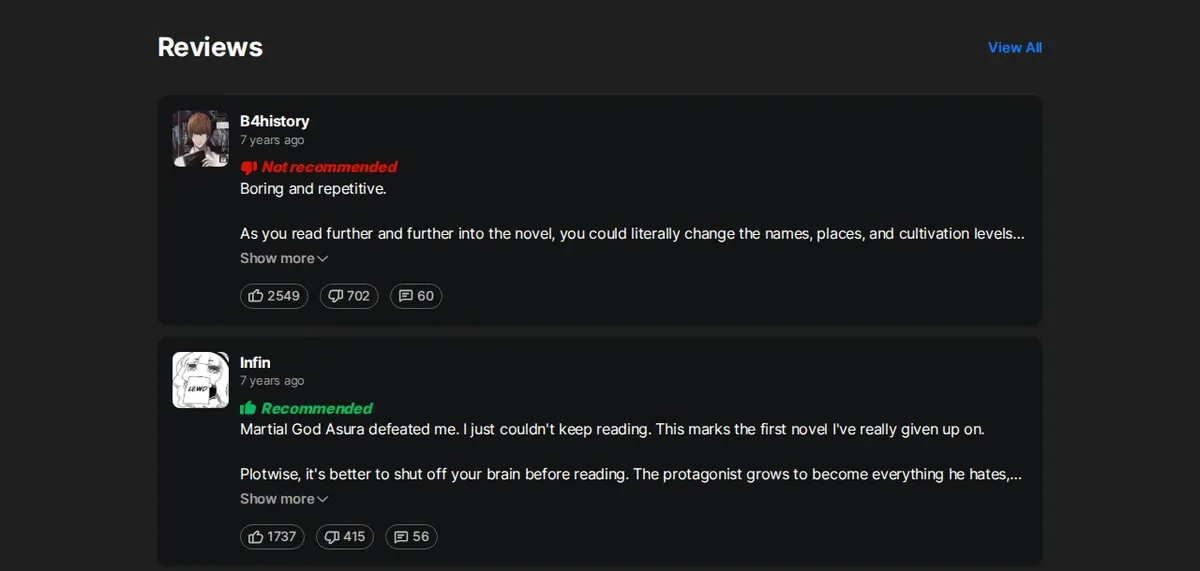Two Wuxiaworld reader reviews of Martial God Asura, seven years old: B4history Not recommended, Boring and repetitive, and Infin Recommended