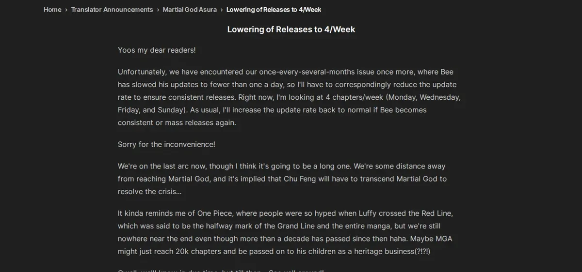 Wuxiaworld translator notice for Martial God Asura, Lowering of Releases to 4/Week, by starvecleric