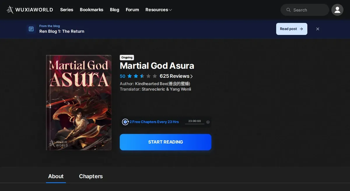 Wuxiaworld listing for Martial God Asura showing the Ongoing badge, a 50 score from 625 reviews, author Kindhearted Bee and the 2 Free Chapters Every 23 Hrs timer