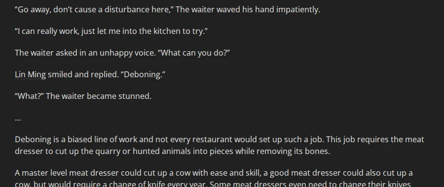 Martial World Chapter 2 on Wuxiaworld: Lin Ming asks for kitchen work and answers Deboning
