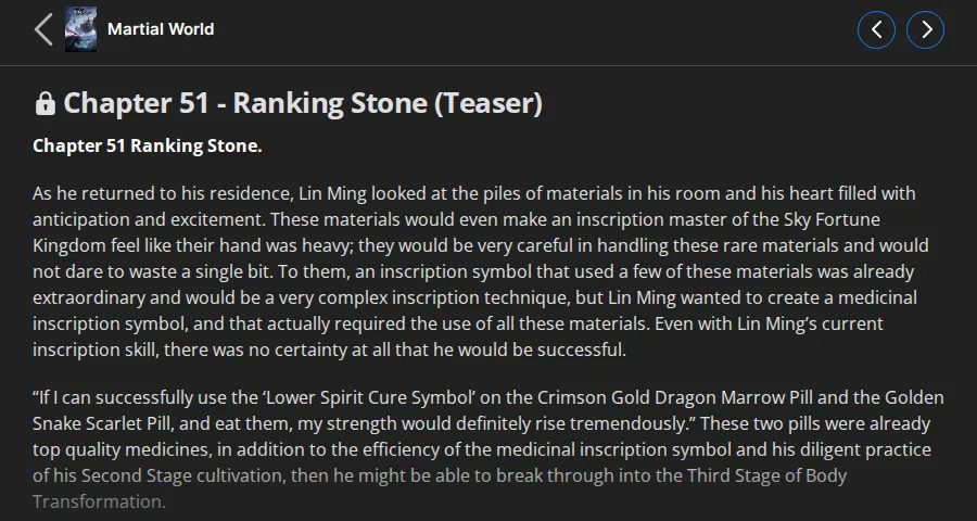 Martial World Chapter 51, Ranking Stone, marked Teaser and locked on Wuxiaworld