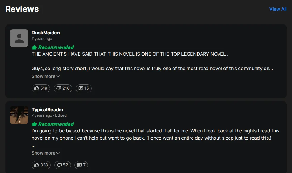 Wuxiaworld reader reviews of Martial World: DuskMaiden and TypicalReader, both Recommended, seven years old