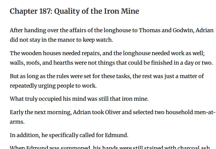 Opening of the Quality of the Iron Mine chapter on Webnovel: Adrian hands the longhouse work to Thomas and Godwin and sets out to inspect the iron mine