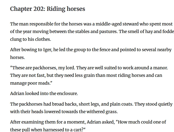 Opening of the Riding horses chapter on Webnovel: a steward shows Adrian packhorses that need less grain and can manage poor roads