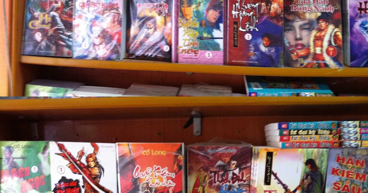 Wikimedia Commons photograph of wuxia novels on a bookstore shelf