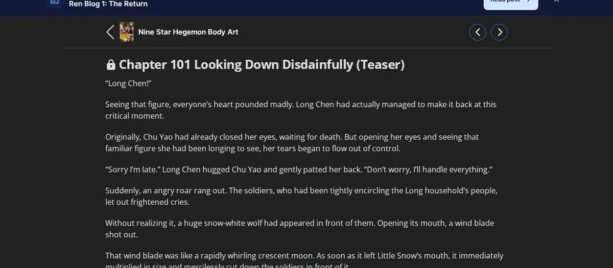 Nine Star Hegemon Body Art Chapter 101, Looking Down Disdainfully, marked Teaser and locked on Wuxiaworld