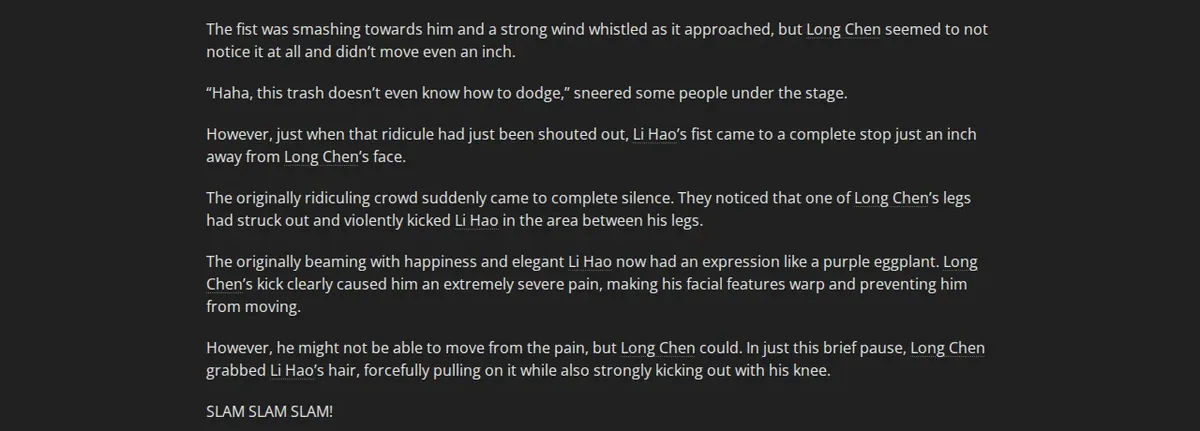 Nine Star Hegemon Body Art Chapter 3 on Wuxiaworld: Long Chen ends the duel by kicking Li Hao between the legs