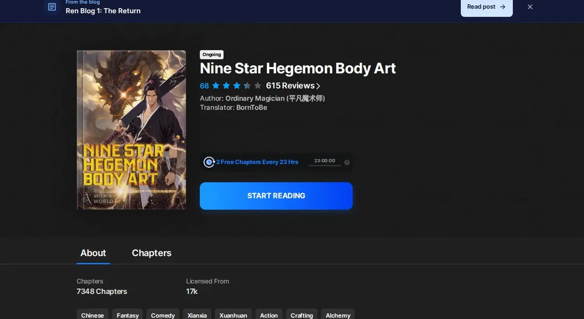 Wuxiaworld listing for Nine Star Hegemon Body Art showing the Ongoing badge, a score of 68 from 615 reviews, author Ordinary Magician and translator BornToBe, and the 2 free chapters every 23 hours timer