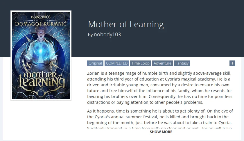 Royal Road page for Mother of Learning by nobody103: cover, Original, Completed and Time Loop tags and the synopsis