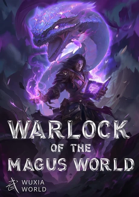 Official Webnovel cover art for Warlock of the Magus World, showing Leylin Farlander holding a book beside a purple dragon