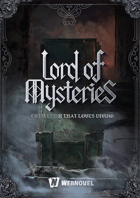 Official Webnovel cover art for Lord of the Mysteries, showing a stone throne shrouded in fog and Victorian iconography