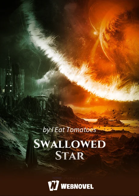 Swallowed Star cover by I Eat Tomatoes: a cloaked figure on a dark ridge below a burning planet and a streak of fire