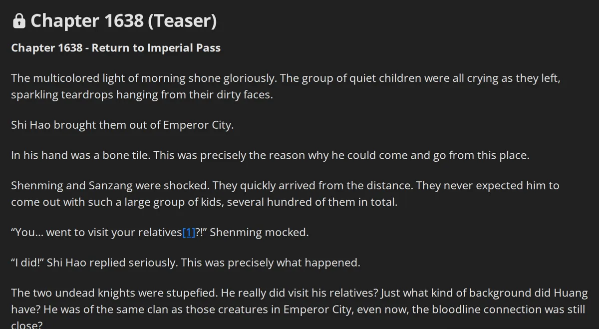 Wuxiaworld chapter 1638, Return to Imperial Pass, teaser: Shi Hao brings several hundred crying children out of Emperor City, holding the bone tile that let him come and go