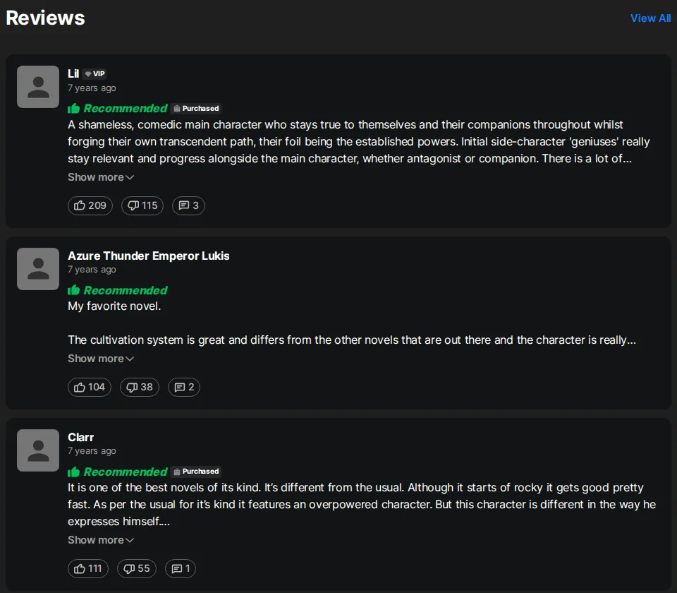 Three Recommended reader reviews of Perfect World on Wuxiaworld from Lil, Azure Thunder Emperor Lukis and Clarr