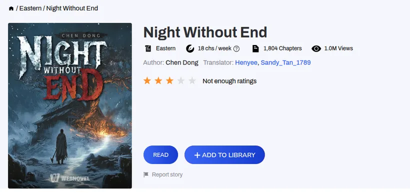 Webnovel book page for Night Without End by Chen Dong, Eastern category, 18 chapters a week, translators Henyee and Sandy_Tan_1789