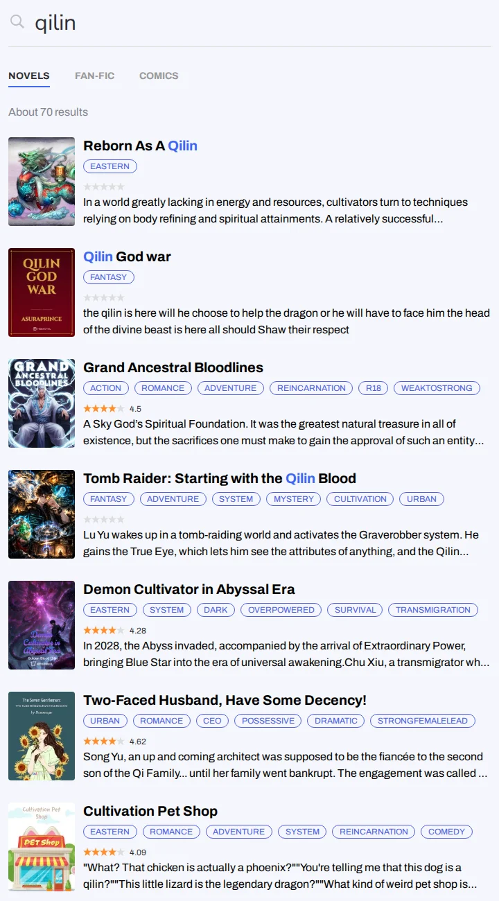 Webnovel search results for qilin, about 70 results, led by Reborn As A Qilin, Qilin God War and Tomb Raider: Starting with the Qilin Blood